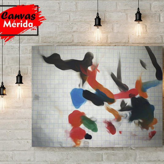 Obra de arte abstracta en goteo de color negro, rojo, naranja, azul y verde sobre fondo de hoja de libreta