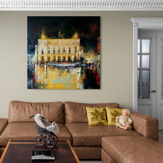 Cuadro decorativo de edificio iluminado con reflejos dorados estilo expresionista para sala moderna