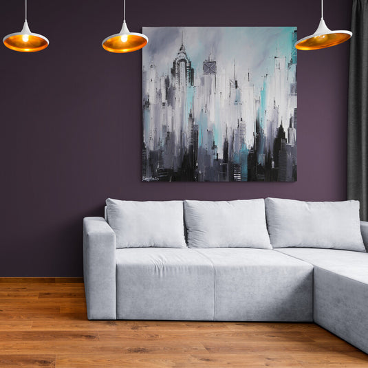 Cuadro Abstract City, arte moderno de ciudad con rascacielos en tonos grises y azul pastel.
