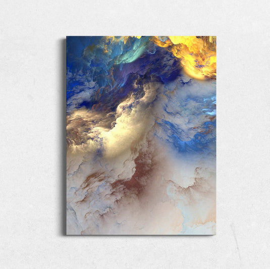 Cuadro decorativo abstracto de nubes en tonos azules, dorados y tierra – arte moderno para sala o estudio