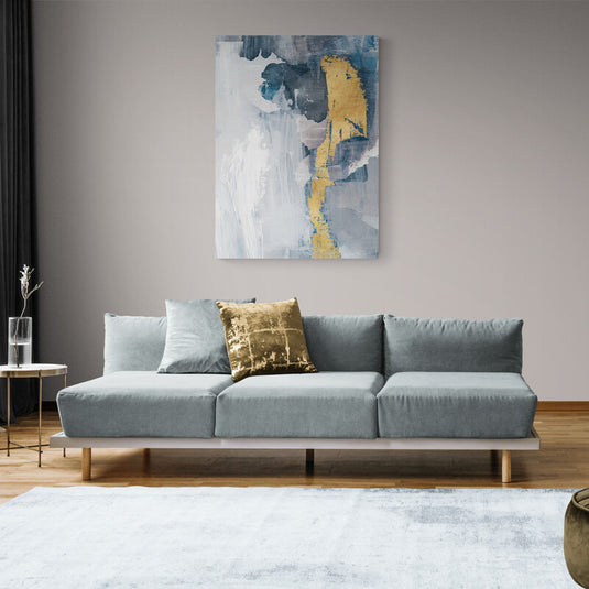 Pintura abstracta en azul grisáceo y dorado.