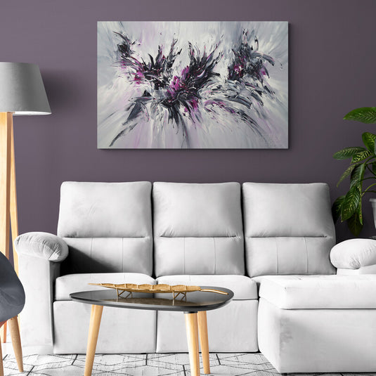Cuadro abstracto moderno con explosión de blanco, negro, gris y púrpura