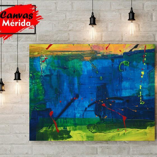 Cuadro abstracto azul y verde con detalles rojos modernos para decoración contemporánea