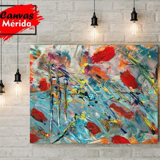 Cuadro abstracto moderno con brochazos rojos y azules, arte decorativo expresionista en lienzo
