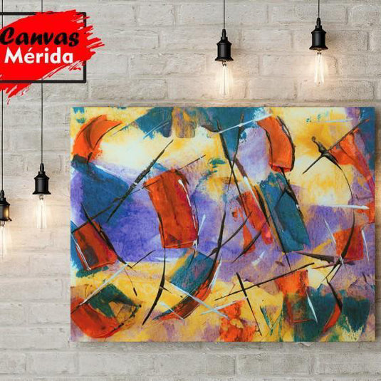 Cuadro abstracto colorido con trazos en naranja, azul y violeta – Arte decorativo moderno en Canvas Mérida