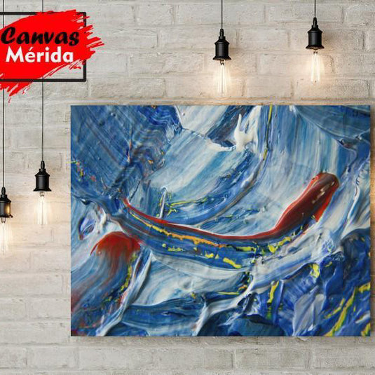 Cuadro abstracto moderno en tonos azules con detalles rojos y amarillos – arte contemporáneo decorativo