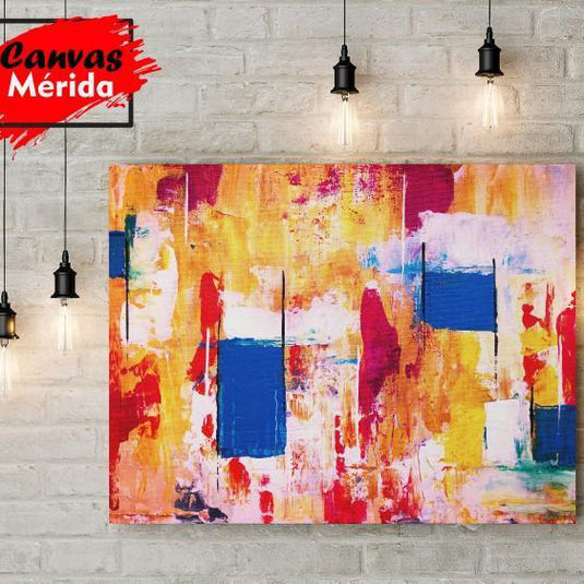 Cuadro abstracto moderno con colores cálidos y bloques azules para decoración contemporánea