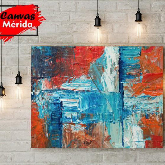 "Cuadro abstracto moderno en tonos azul y rojo con textura artística para decoración de interiores"