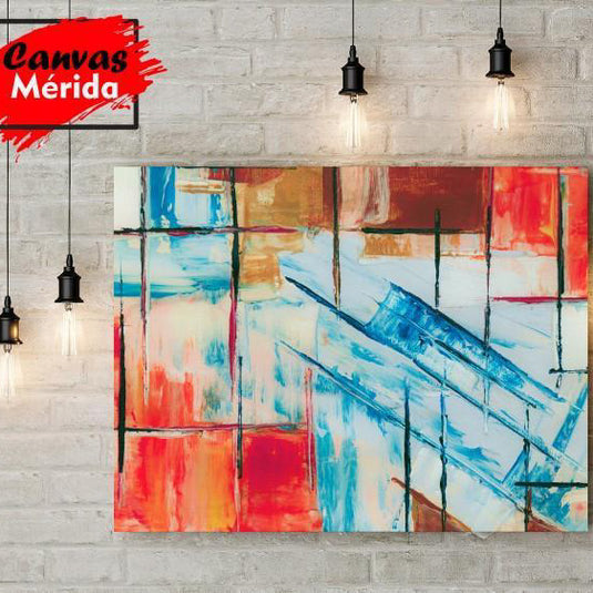 Cuadro abstracto geométrico con tonos rojos, azules y naranjas para decoración contemporánea