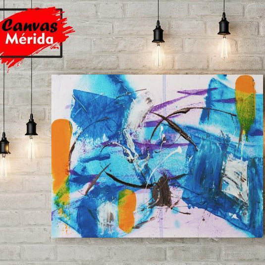 Cuadro abstracto en tonos azules con acentos naranjas y verdes, pintura moderna expresiva para decoración de interiores