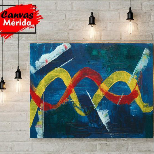 Cuadro abstracto moderno con trazos rojos y amarillos sobre fondo azul – Decoración artística en lienzo