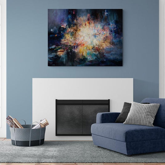 Cuadro abstracto decorativo con explosión de colores brillantes sobre fondo oscuro – arte moderno para sala elegante