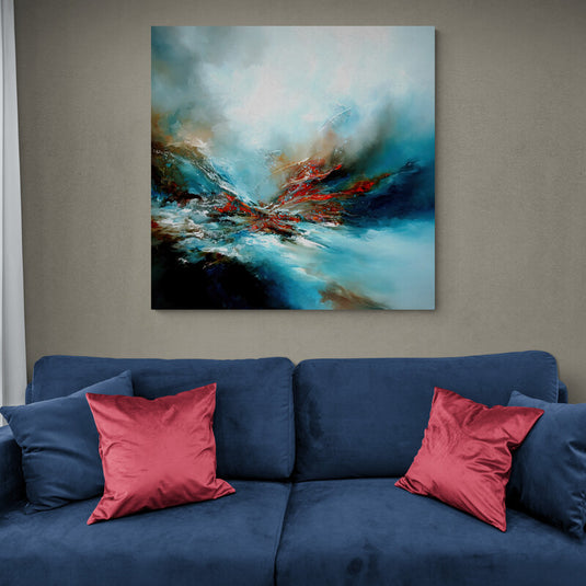 Pintura abstracta con colores azul, verde y toques de rojo en movimiento