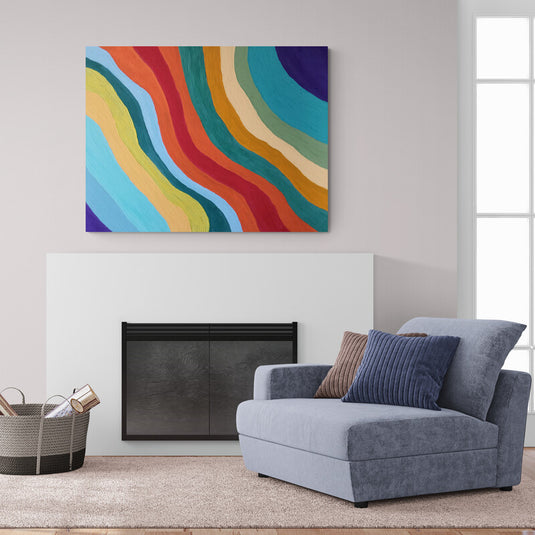 "Cuadro abstracto con ondas de colores brillantes tipo arcoíris, arte moderno decorativo para sala o estudio." 🌈