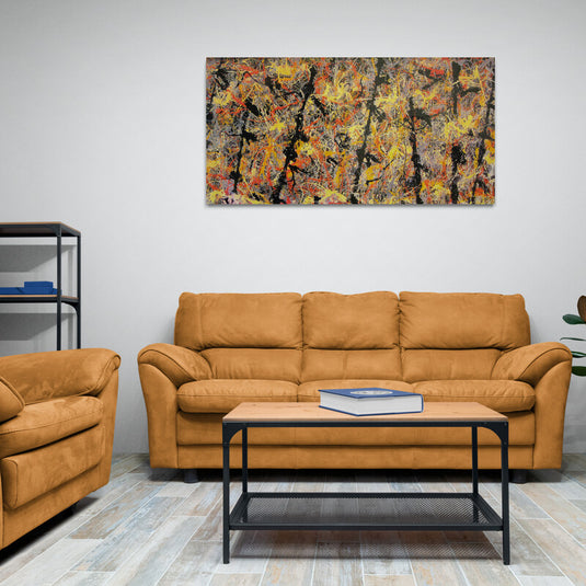 Pintura abstracta de colores vibrantes en tonos de amarillo, naranja y negro.