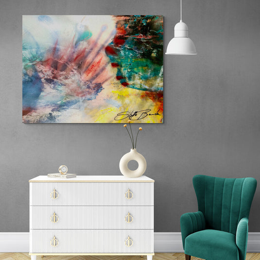 Pintura abstracta con tonos suaves y elementos naturales