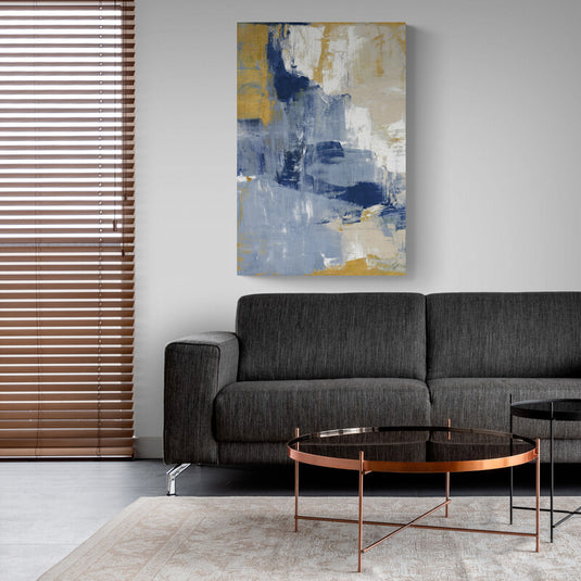 Pintura abstracta en azul, ocre y beige con textura.