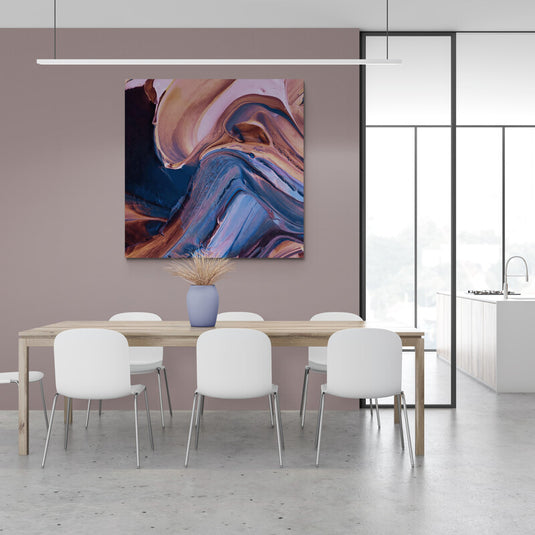 Cuadro abstracto moderno con técnica de pouring en tonos tierra y azul