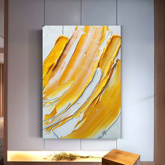 Cuadro abstracto amarillo con textura y pinceladas energéticas para decoración moderna