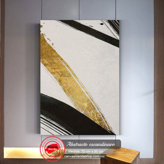 Pintura abstracta con líneas angulares en negro y trazos de oro.