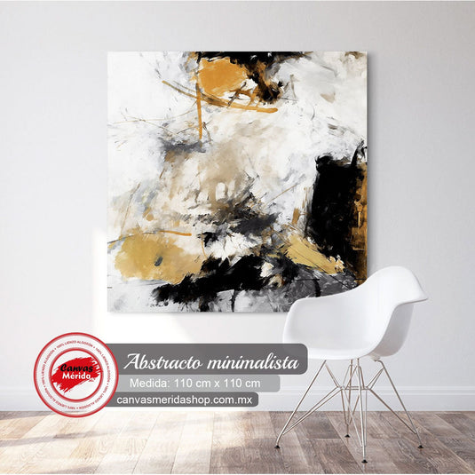 Pintura abstracta con trazos negros, blancos y detalles dorados