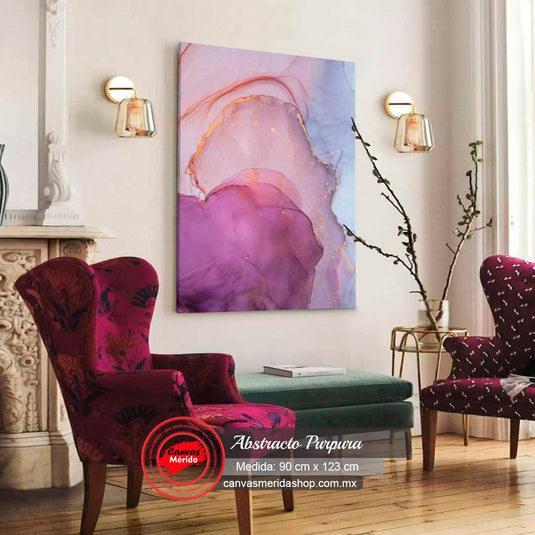 Cuadro abstracto púrpura con detalles dorados en estilo moderno – Arte decorativo elegante para sala o recámara
