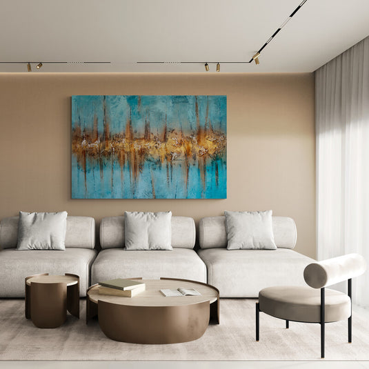 Pintura abstracta con tonos turquesa y dorado en textura