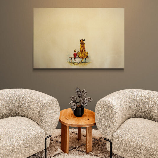 Cuadro Decorativo de Tigre y Niño Sentados de Espaldas en Fondo Amarillo - Explora la Conexión Misteriosa