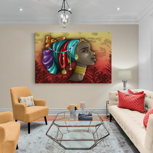 Tela de colores vibrantes que cubre la cabeza de una mujer gitana africana animada, en un fondo degradado de rojo, amarillo y naranja