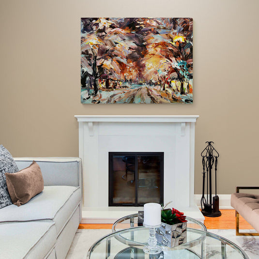 Cuadro decorativo abstracto con representación de un camino flanqueado por árboles de gran tamaño, con hojas desproporcionadas, en una rica paleta de colores café, rosa, negro y turquesa
