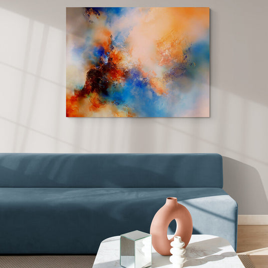 "Cuadro abstracto After the Storm con tonos azules, naranjas y dorados para decoración moderna."