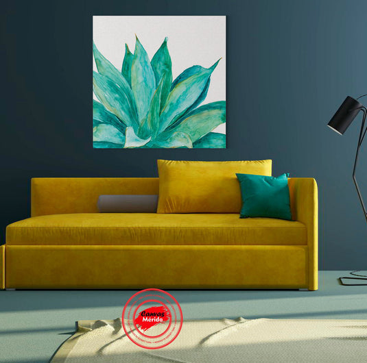 "Cuadro decorativo de agave verde sobre fondo blanco: una obra de arte natural para tu hogar
