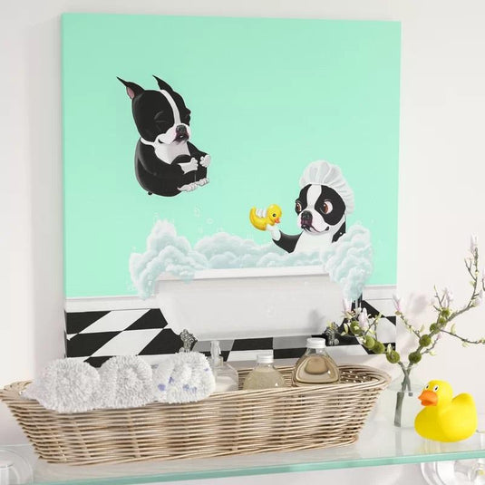 Lienzo de cachorros de Boston Terrier en la hora del baño