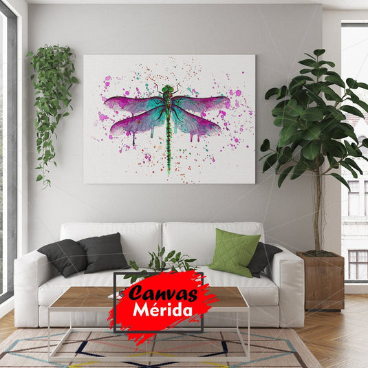 Cuadro decorativo de libélula en tonos azul, verde y morado, pintado con técnica acuarela