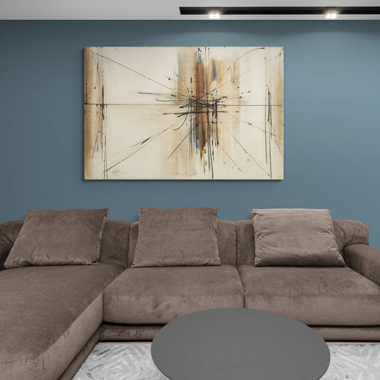 Pintura abstracta minimalista con líneas geométricas y tonos neutros