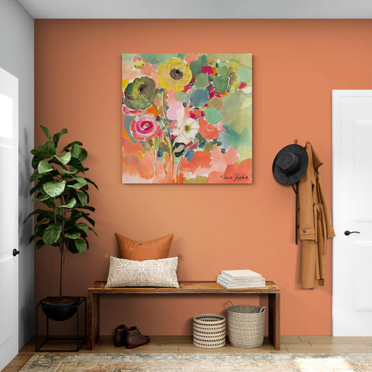 Pintura digital de flores estilizadas en colores vibrantes sobre fondo oscuro