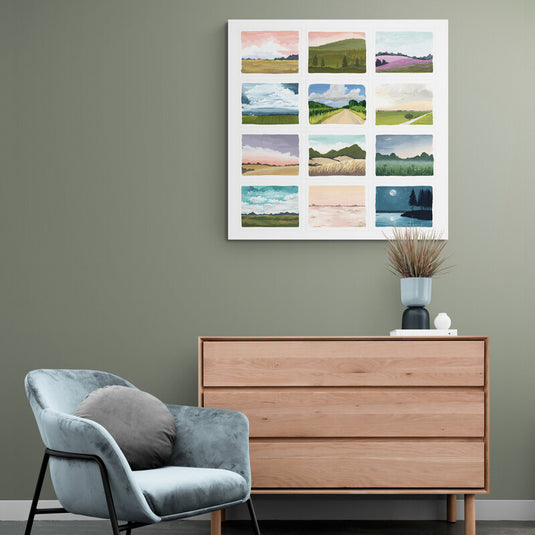 Cuadro decorativo con paisajes minimalistas en cuadrícula – Arte moderno en lienzo para sala o recámara