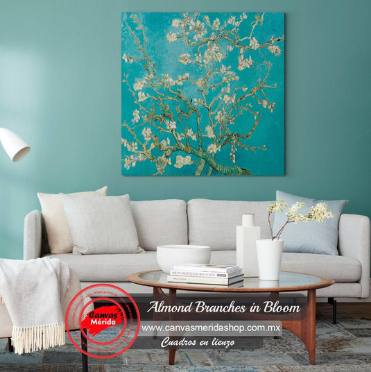 Pintura de almendro en flor con flores blancas sobre fondo azul vibrante