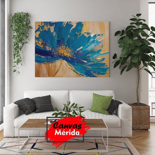 Cuadro decorativo: Flor amapola turquesa sobre fondo amarillo