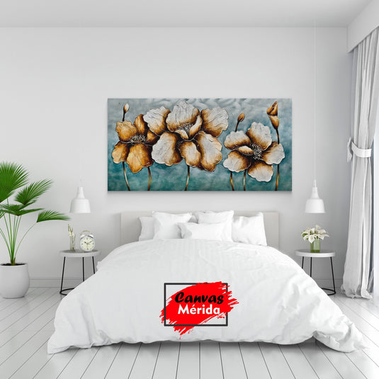 Cuadro decorativo: Tres amapolas doradas sobre fondo azul y gris