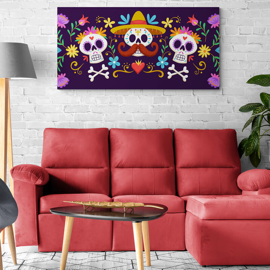 Arte colorido del Día de los Muertos con calaveras y flores