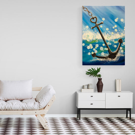 Ancla con corazón en azul profundo, rodeada de burbujas blancas y beige evocando el mar y el cielo