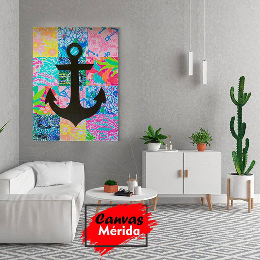 Ancla negra silueteada sobre fondo multicolor con estampados florales y gráficos