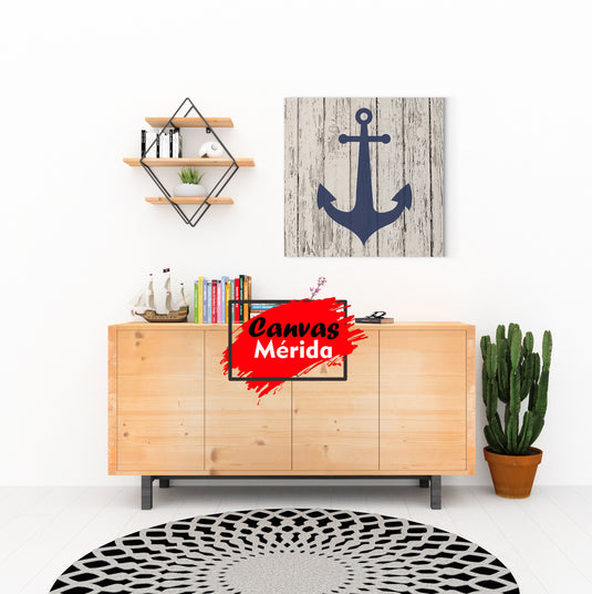 Gráfico de ancla azul marino sobre fondo de madera blanca