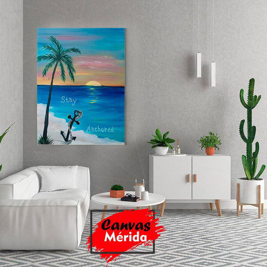 Pintura de un atardecer con palmera y ancla con el texto 'Stay Anchored'