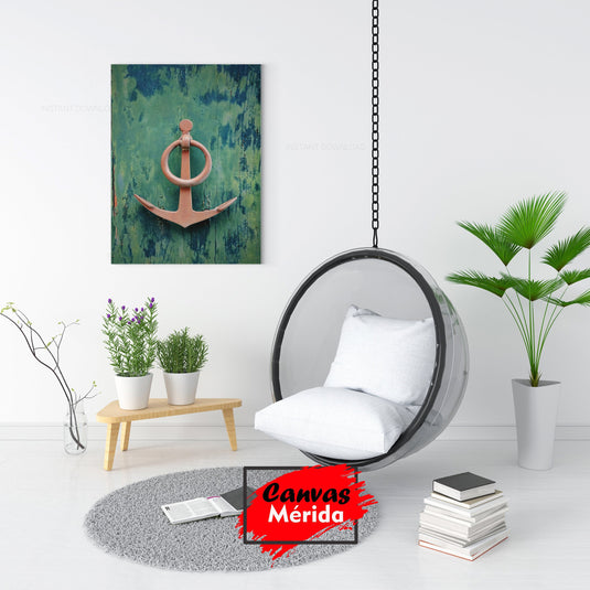 Ancla de cobre sobre fondo de madera verde desgastada con textura vintage