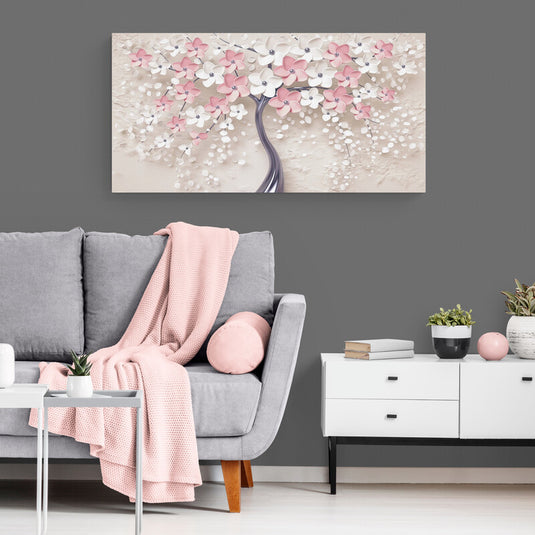 Cuadro decorativo de tronco metálico morado con flores rosado y blanco sobre fondo crema