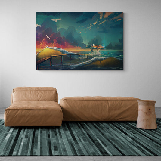 Ilustración dramática de surfista en muelle durante amanecer tormentoso