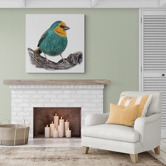 Cuadro decorativo con pájaro turquesa y amarillo en rama gris sobre fondo blanco