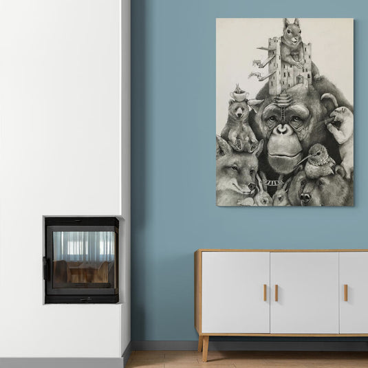 Cuadro decorativo a lápiz con animales: chimpancé, oso, zorro, oso polar, colibrí, ardilla y conejos sobre fondo beige